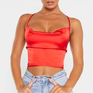 NWT PrettyLittleThing Red Satin Strappy Back Cowl Neck Cami